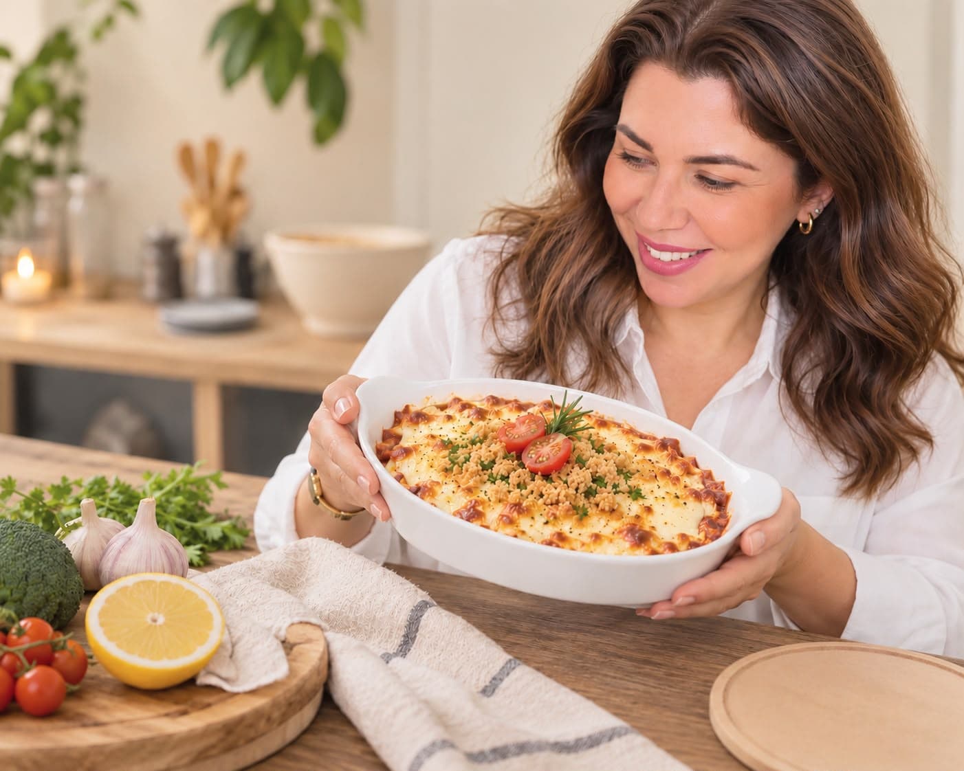 Gabriela Corsi segurando uma lasanha recém-saída do forno na cozinha