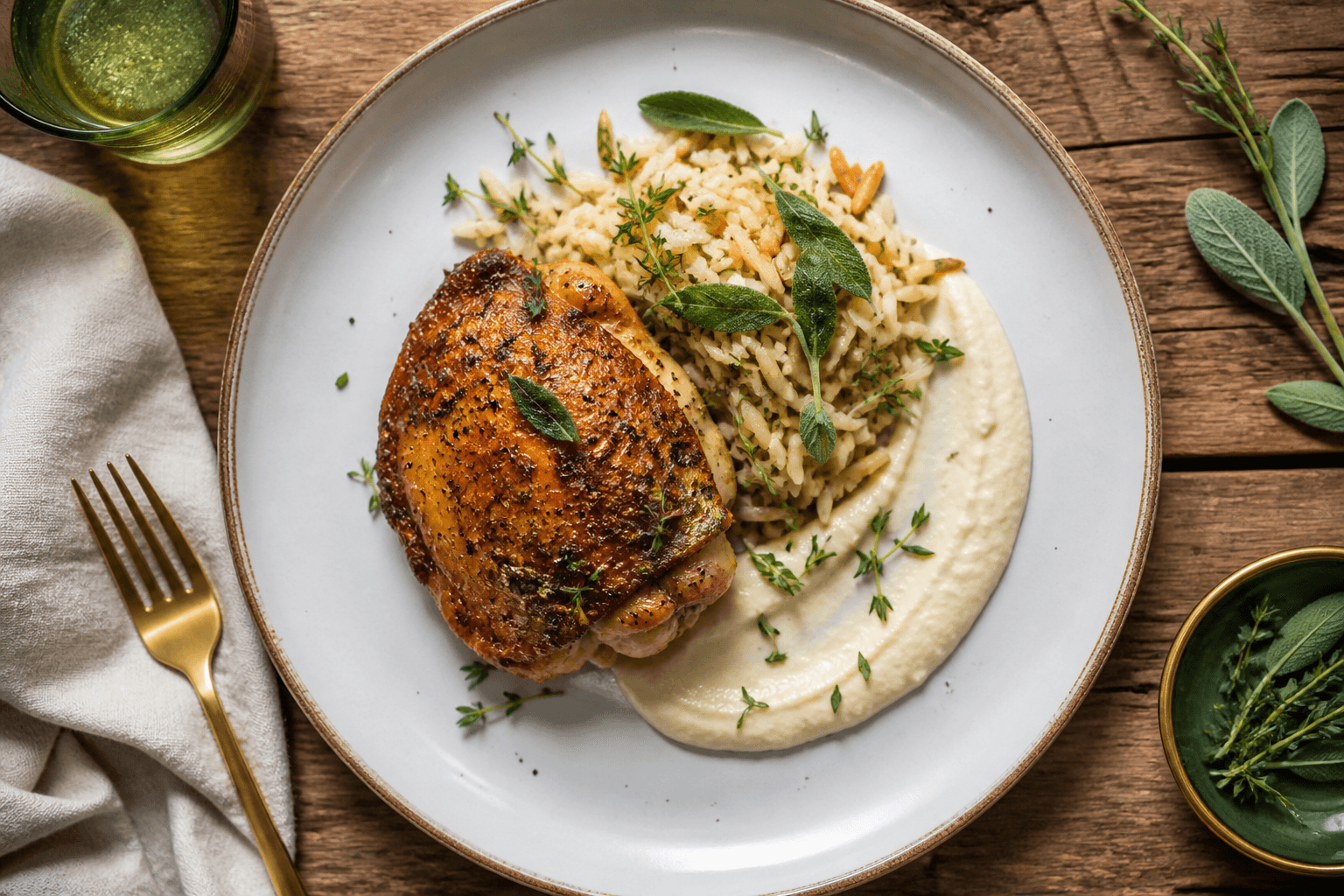 Sobrecoxa assada, arroz branco à grega e purê de mandioquinha